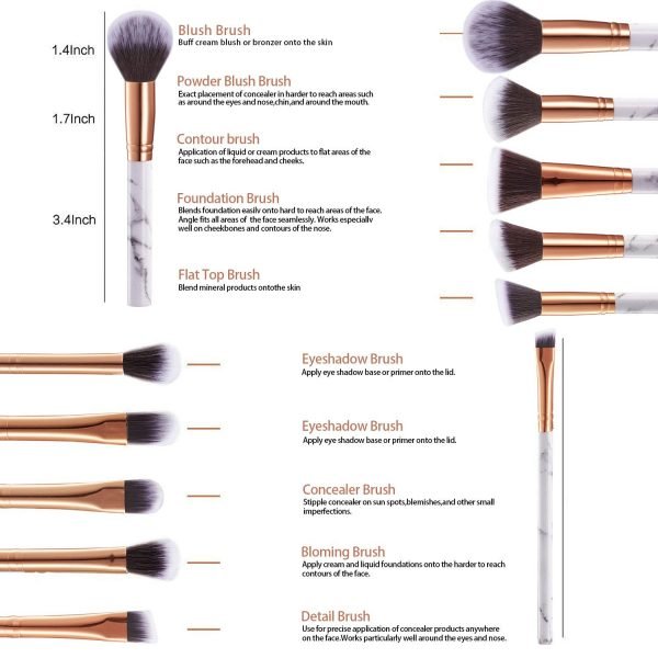 71ALxVmF7fL. SL1500 1 <ul class="a-unordered-list a-vertical a-spacing-mini"> <li><span class="a-list-item">MARBLE ADDICT? We got you covered! Look no further every one of these marble and rose gold makeup brushes is crafted to work makeup wonders and they're totally instaworthy!</span></li> <li><span class="a-list-item">BRISTLE PERFECTION Tired of bristles that shed, scratch or are sparse or stiff? Worry no more! Our high quality synthetic vegan and cruelty-free bristles are super soft, yet dense enough to pack on colour and make application effortless</span></li> <li><span class="a-list-item">LUXURY QUALITY Here's what you get: Foundation Brush + Powder/Blush Brush + Contour Brush + Highlighter Brush + Angled Brow Brush + Fluffy Eyeshadow Brush + Luxe Crease Brush + Angled Eyeshadow Brush + and multi-use Concealer or Creme Eyeshadow Brush</span></li> <li><span class="a-list-item">The brushes come in a durable, stylish carrying case for travelling and look stunning on your vanity table</span></li> <li><span class="a-list-item">GUARANTEED SATISFACTION If you don't absolutely love your luxe Marble Set, let us know and we'll give you a 100% refund or replacement</span></li> </ul>