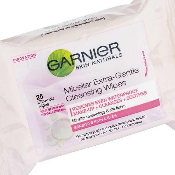 9191UpItXnL. SL1500 1 New Garnier Micellar Extra-Gentle Cleansing Wipes contain thin silk fibres in a thick, soft wipe. Soaked with Micellar water, they are specially formulated for make-up removal on sensitive skin. Like a magnet, the cleansing agents capture impurities and lift away dirt from the skin. No need to rub to efficiently remove make-up.