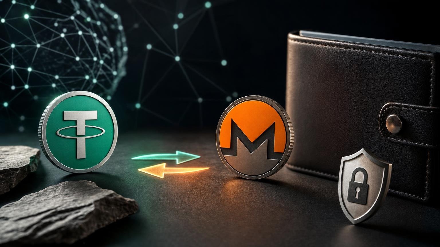 A secure USDT-to-XMR exchange workflow showing network checks, Monero address verification, transaction status, and wallet confirmation